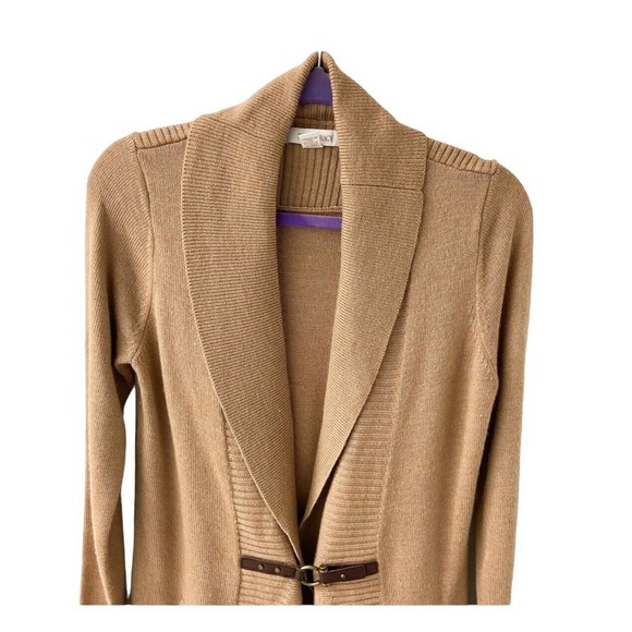 Ellen Tracy Cardigan Sweater M Long Length Tan Wool Blend Pockets Wide V Neck - Picture 5 of 16